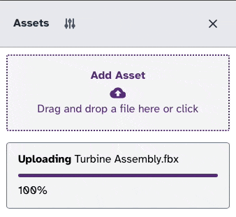 animation of a file being processed in the asset drawer