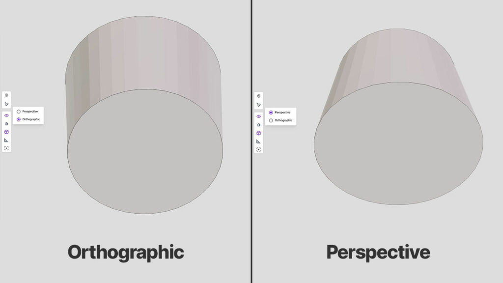 Image comparing orthographic and perspective camera views of a cylinder