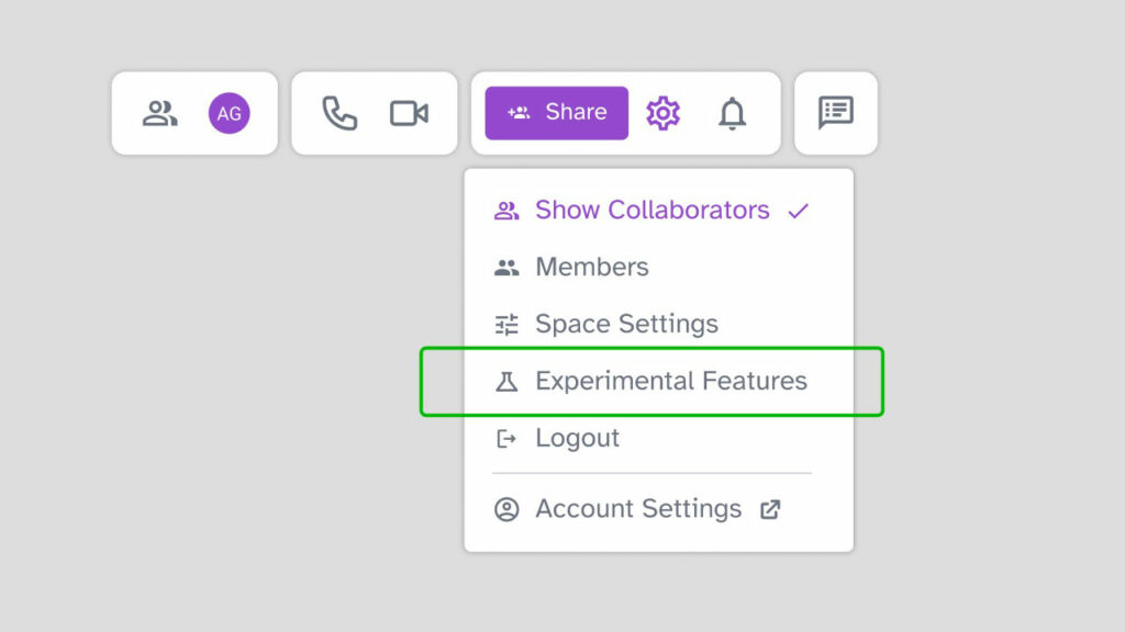 Experimental features highlighted under Settings menu