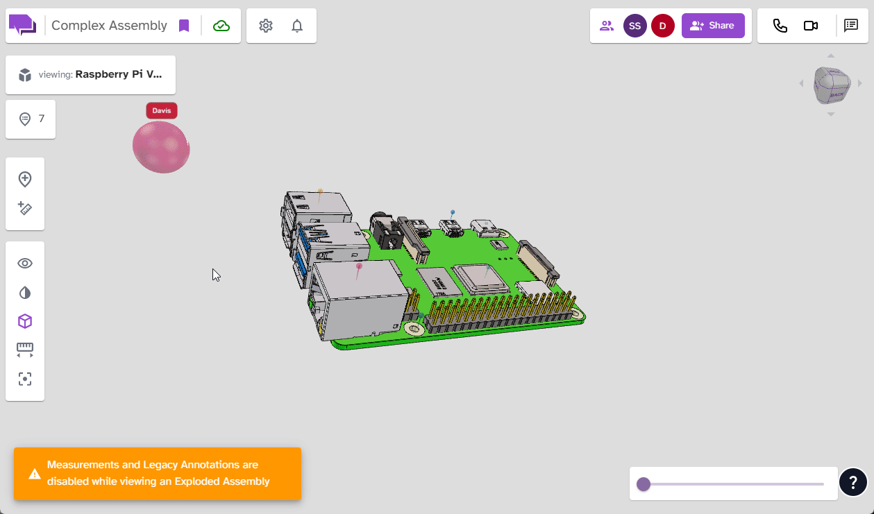 The mouse navigates to the annotation drawer and toggles it open. Annotation 8 is selected, an exploded view of the model is enabled, and the camera glides from left to right to the perspective the annotation was left.